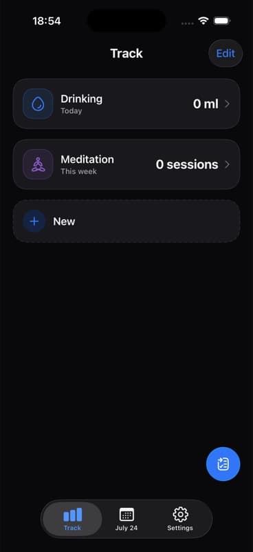 Tracky tracker overview showing Drinking and Meditation
